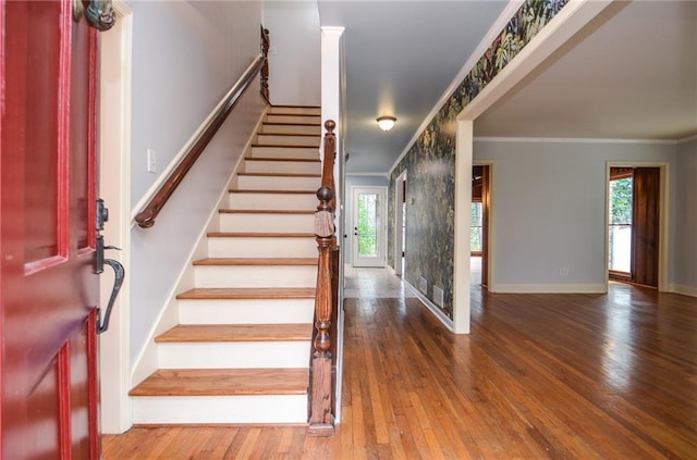 970 Winding Creek Trl, Sandy Springs, GA 30328 - foyer entrance with ornamental molding, wood-type flooring, and stairs