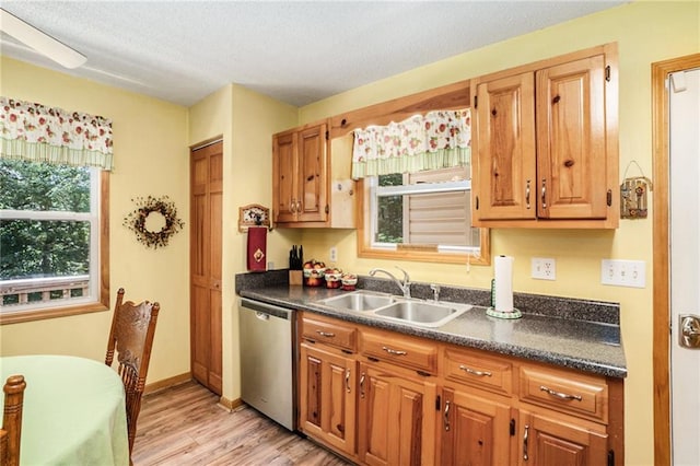 1700 Greenfield Rd, Ellijay, GA 30536 - kitchen with stainless steel dishwasher, light wood-style flooring, a sink, a textured ceiling, and dark countertops