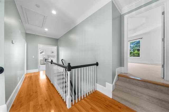 745 Glengate Pl, Atlanta, GA 30328 - hall with attic access, an upstairs landing, wood finished floors, ornamental molding, and recessed lighting