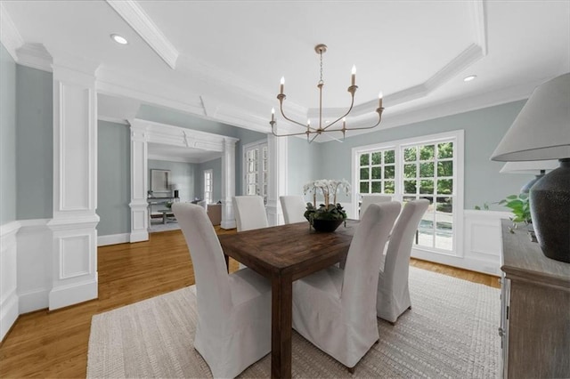745 Glengate Pl, Atlanta, GA 30328 - dining area featuring crown molding, a chandelier, light wood finished floors, a raised ceiling, and recessed lighting