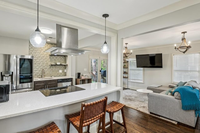 kitchen featuring appliances with stainless steel finishes, a breakfast bar area, island range hood, and sink