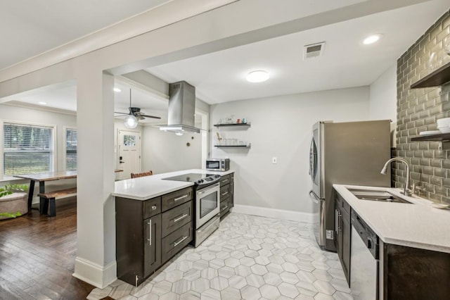 kitchen featuring appliances with stainless steel finishes, island range hood, sink, ceiling fan, and dark brown cabinetry