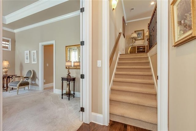 stairway featuring baseboards, carpet flooring, visible vents, and crown molding