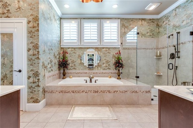 full bath with ornamental molding, tile patterned flooring, vanity, and wallpapered walls