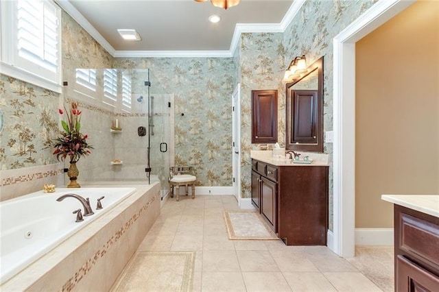 full bath with vanity, a shower stall, a bath, wallpapered walls, and crown molding