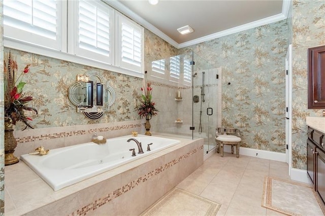 bathroom with wallpapered walls, tile patterned flooring, crown molding, and vanity