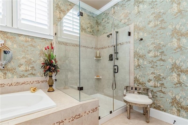 full bath with ornamental molding, a garden tub, a shower stall, and wallpapered walls