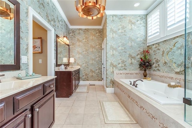 full bath with ornamental molding, a sink, tile patterned flooring, baseboards, and wallpapered walls