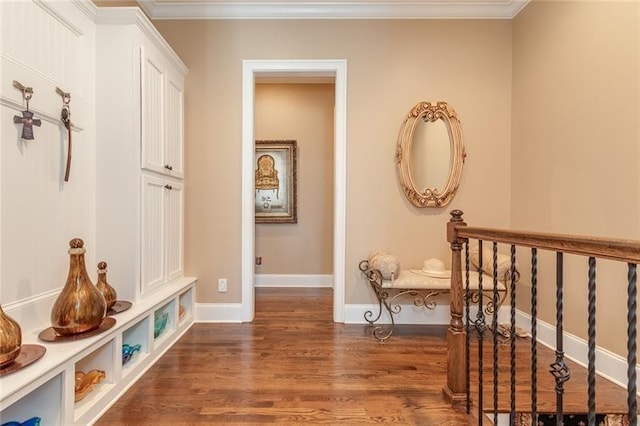 hallway with crown molding, baseboards, and dark wood-style flooring