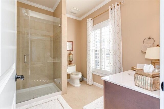 full bathroom with baseboards, toilet, crown molding, vanity, and a shower stall