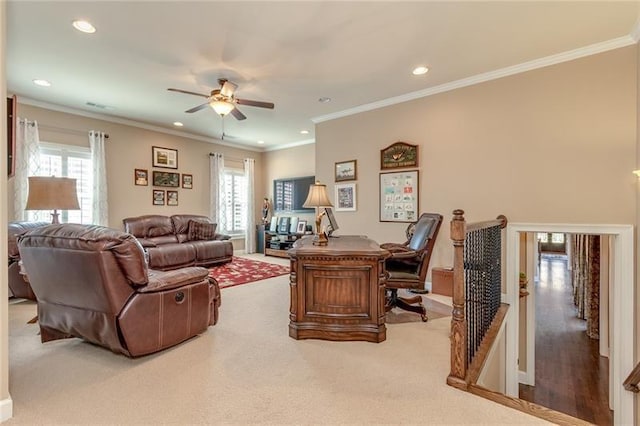 office area featuring recessed lighting, a healthy amount of sunlight, and crown molding