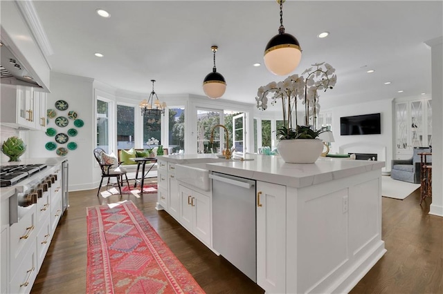 kitchen featuring custom exhaust hood, dark hardwood / wood-style floors, an island with sink, stainless steel appliances, and white cabinets