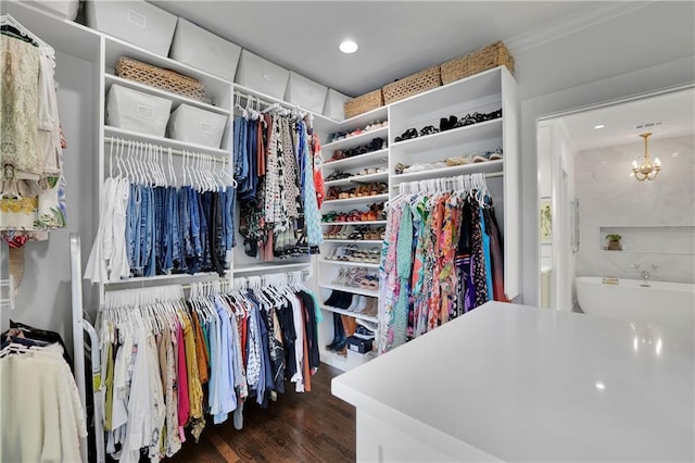 walk in closet featuring dark wood-type flooring and a notable chandelier