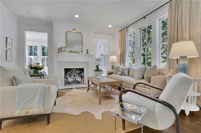 living room featuring wood-type flooring and crown molding