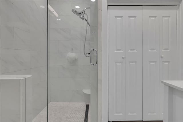 bathroom featuring a shower with shower door