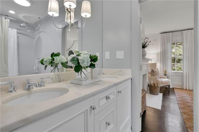 bathroom with hardwood / wood-style flooring and vanity