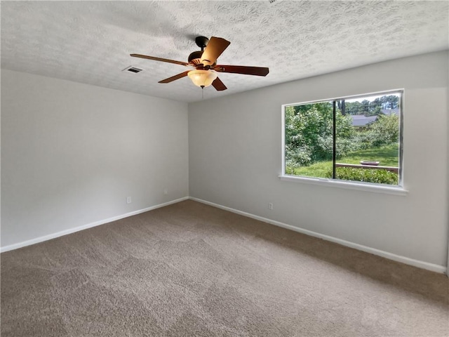 unfurnished room featuring a wealth of natural light, carpet, a textured ceiling, and ceiling fan