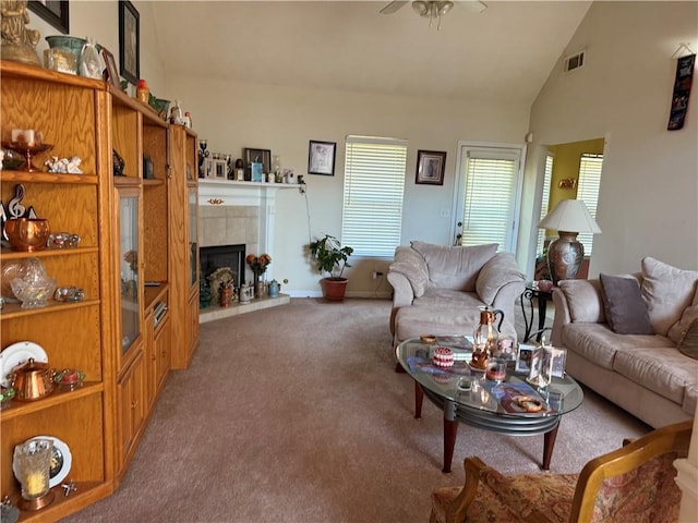 4206 Shoreside Cir, Snellville, GA 30039 - living room featuring carpet flooring, a fireplace, ceiling fan, and high vaulted ceiling