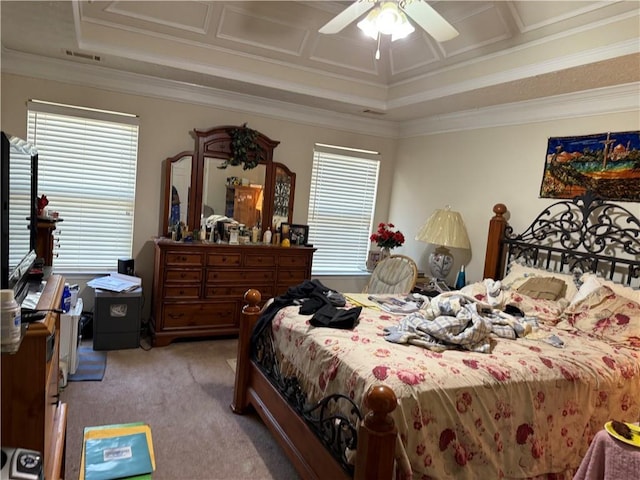 4206 Shoreside Cir, Snellville, GA 30039 - bedroom with light carpet, ornamental molding, ceiling fan, and a tray ceiling