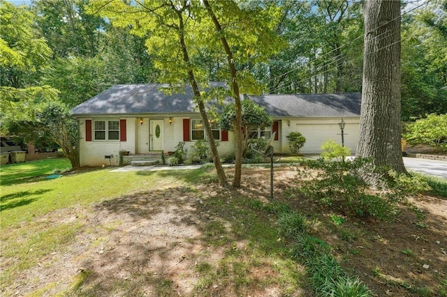 ranch-style house with brick siding, an attached garage, crawl space, driveway, and a front lawn