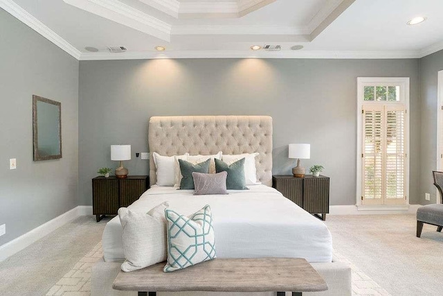 bedroom featuring multiple windows, light colored carpet, and ornamental molding