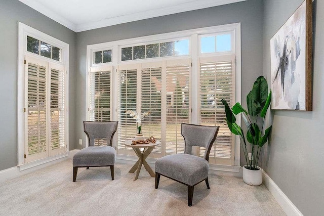 sitting room with light carpet, a healthy amount of sunlight, and ornamental molding