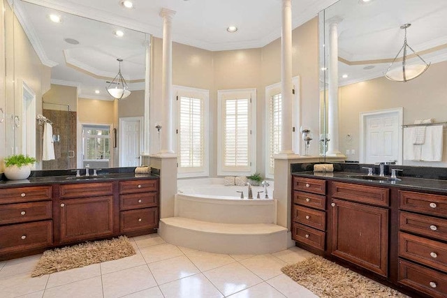 bathroom with tile patterned flooring, plenty of natural light, separate shower and tub, and crown molding