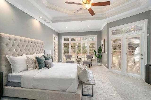 carpeted bedroom with ceiling fan, ornamental molding, and access to outside