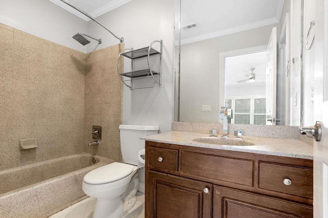 full bathroom with vanity, shower / tub combination, tile patterned floors, crown molding, and toilet