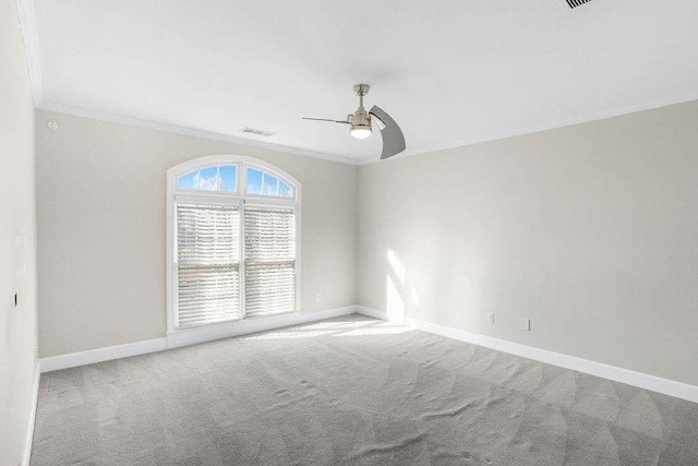 carpeted spare room featuring ceiling fan and ornamental molding