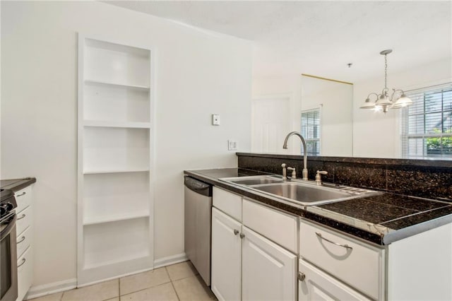 5638 River Heights Xing SE, Marietta, GA 30067 - kitchen featuring light tile patterned floors, a sink, dark countertops, white cabinetry, and stainless steel dishwasher