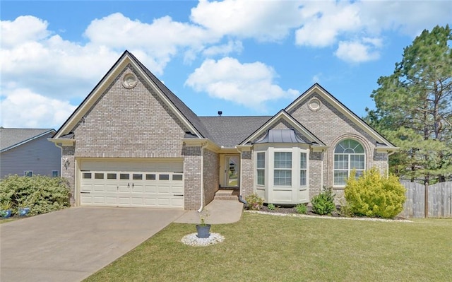 ranch-style home featuring brick siding, an attached garage, driveway, and fence