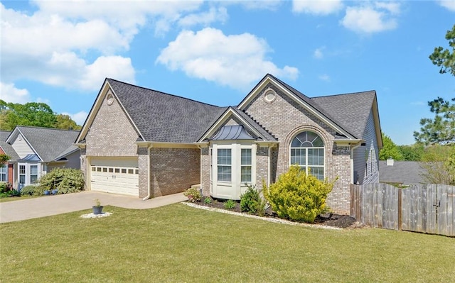 single story home featuring concrete driveway, brick siding, and fence