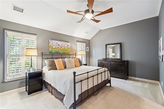 11259 Calypso Dr, Alpharetta, GA 30009 - bedroom featuring light colored carpet, baseboards, lofted ceiling, ceiling fan, and crown molding