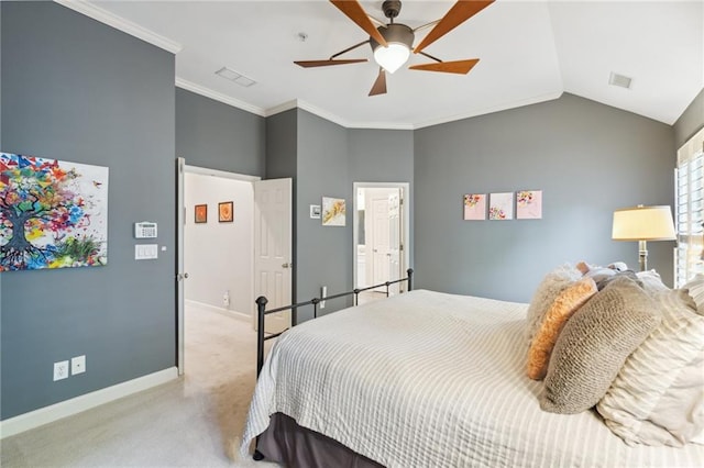 11259 Calypso Dr, Alpharetta, GA 30009 - carpeted bedroom featuring baseboards, lofted ceiling, ceiling fan, and ornamental molding