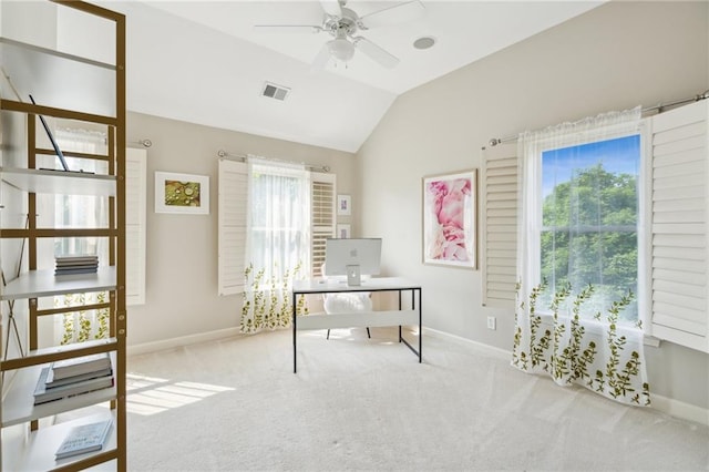 11259 Calypso Dr, Alpharetta, GA 30009 - carpeted home office with plenty of natural light, baseboards, vaulted ceiling, and a ceiling fan
