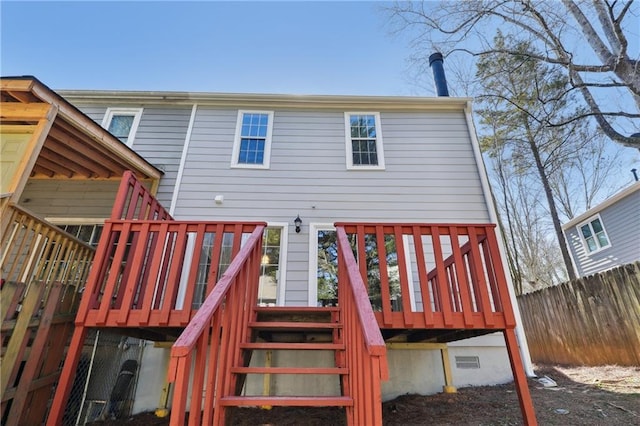 back of house with crawl space, stairs, fence, and a wooden deck