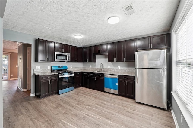 kitchen with visible vents, stainless steel appliances, dark brown cabinets, light wood-type flooring, and a sink