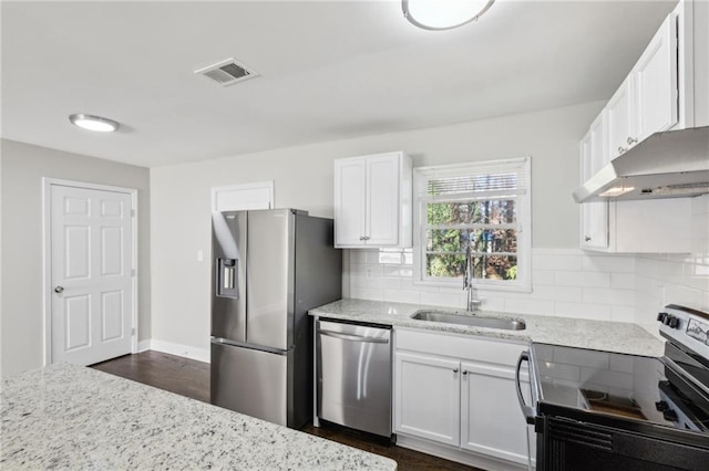 kitchen featuring decorative backsplash, sink, white cabinetry, and stainless steel appliances