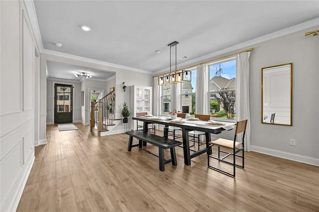 940 Emmett Walk, Alpharetta, GA 30004 - dining space with stairway, ornamental molding, light wood-style flooring, and recessed lighting