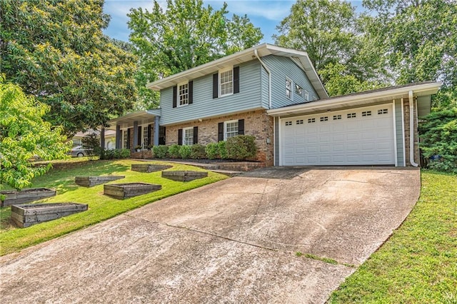 2146 Chevy Chase Ln, Decatur, GA 30032 - split level home featuring brick siding, a front yard, concrete driveway, and a garage