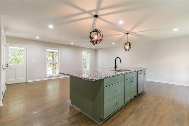 2146 Chevy Chase Ln, Decatur, GA 30032 - kitchen with a sink, green cabinetry, dishwasher, recessed lighting, and dark wood-style flooring