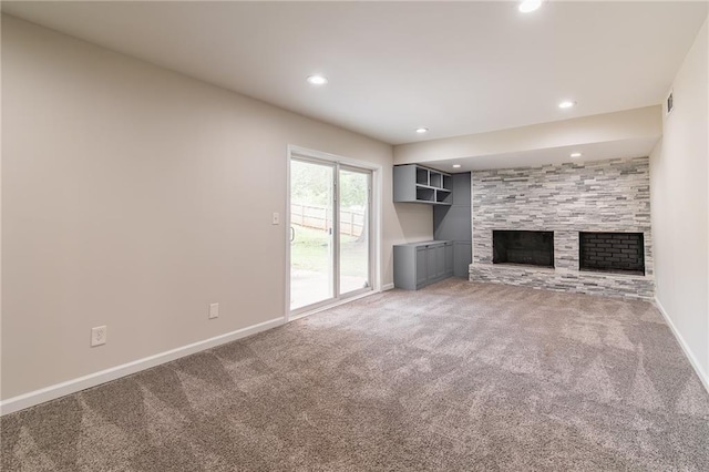 2146 Chevy Chase Ln, Decatur, GA 30032 - unfurnished living room with carpet flooring, a fireplace, recessed lighting, and baseboards