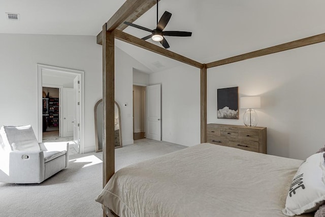 bedroom featuring light colored carpet, a ceiling fan, visible vents, and lofted ceiling with beams