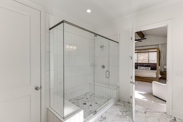 bathroom with lofted ceiling, ensuite bathroom, marble finish floor, and a stall shower