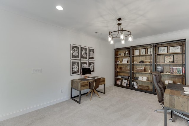 carpeted office space with an inviting chandelier, ornamental molding, and baseboards