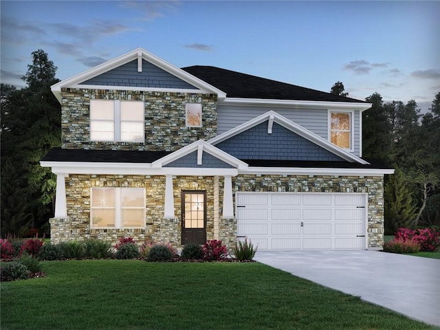 craftsman-style house featuring a garage, driveway, a front yard, and stone siding