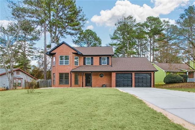 8914 Gardener Dr, Jonesboro, GA 30238 - view of front facade featuring a garage, concrete driveway, brick siding, and a chimney
