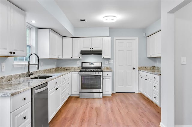 8914 Gardener Dr, Jonesboro, GA 30238 - kitchen with stainless steel appliances, a sink, under cabinet range hood, light wood-type flooring, and white cabinets