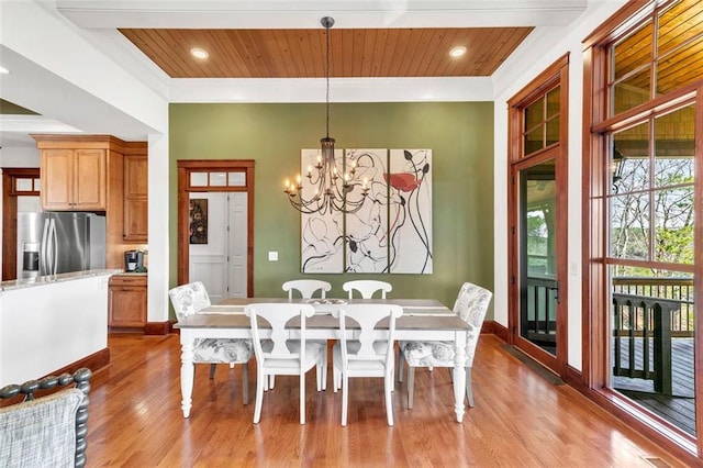 dining room with wood-type flooring, a chandelier, wood ceiling, and crown molding